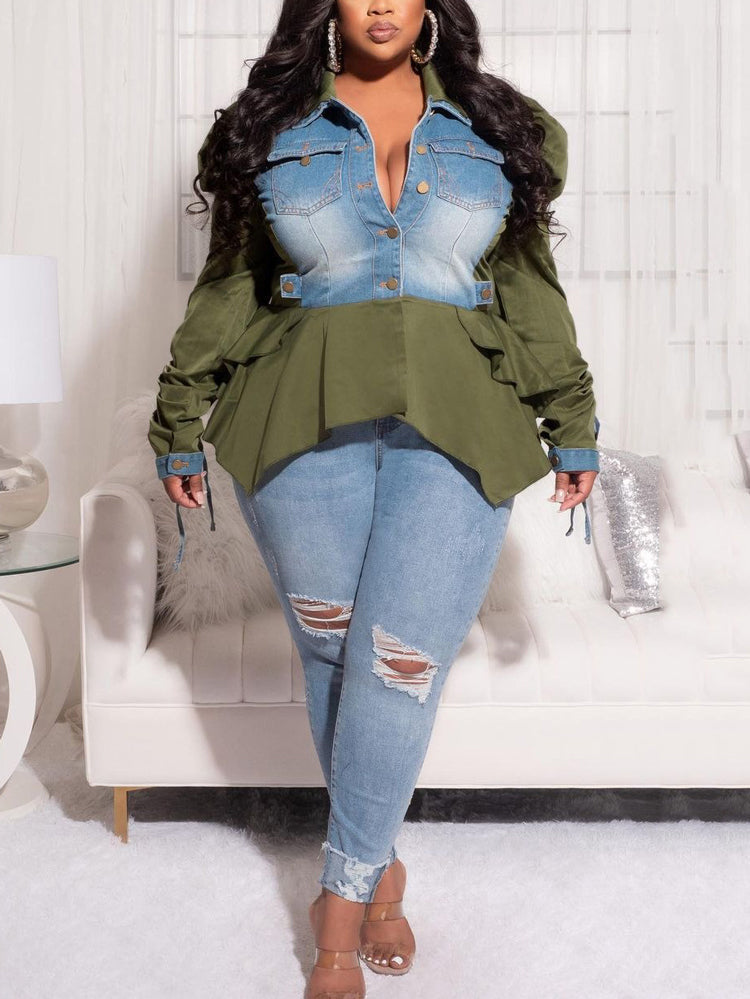 Denim Patchwork Asymmetrical Top Green / S