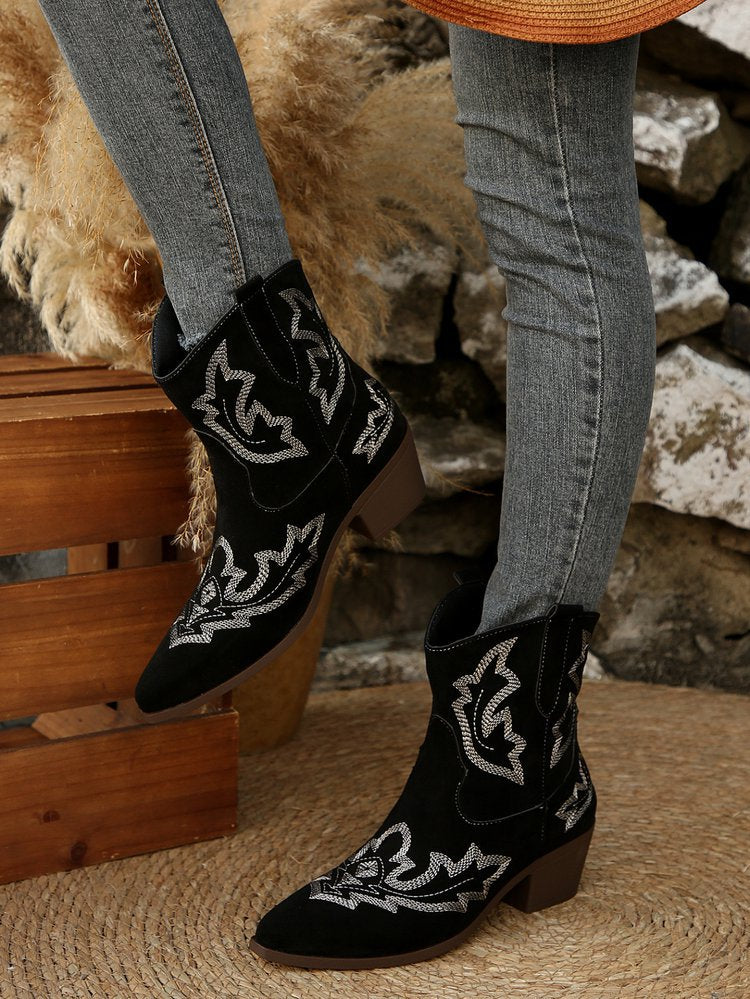 Pointed Toe Embroidered Women's Leather Boots