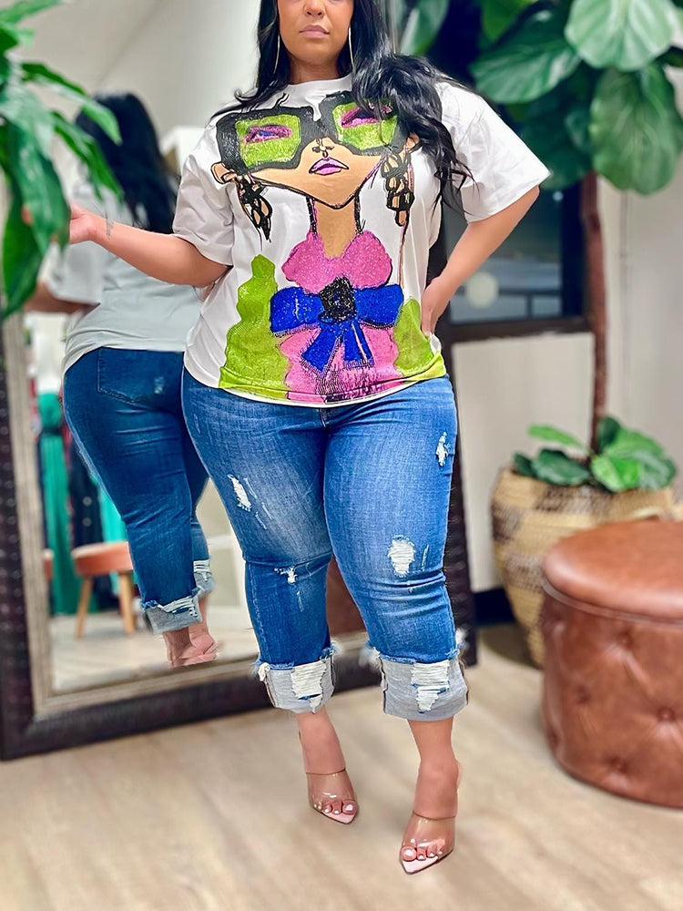 Rhinestones Embellished Casual Tee White / L