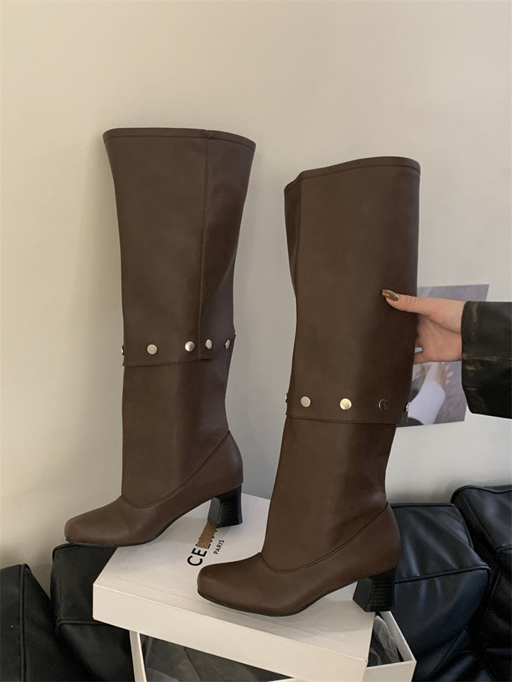 Riveted Detachable Round-Toe Long Boots