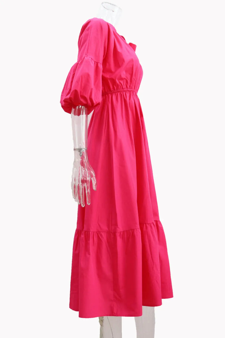 Half Sleeve V Neck High Waist Midi Dress