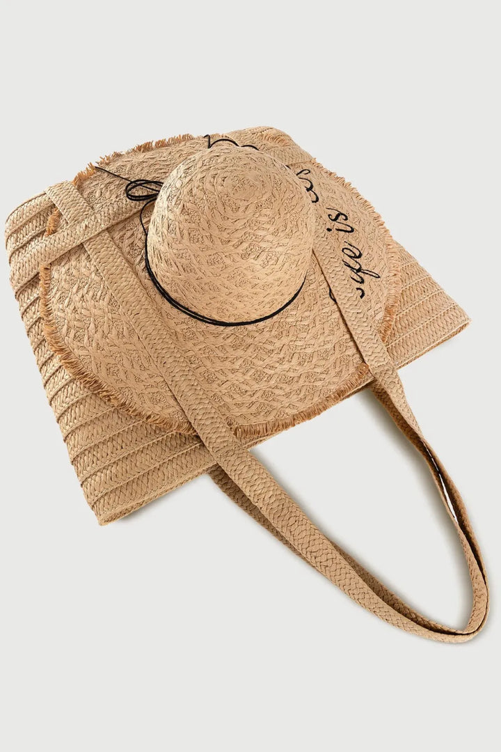 Handmade Solid Color Straw Bag With Hat