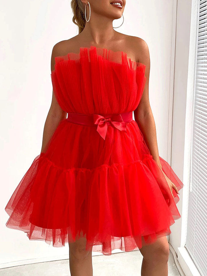 Bow Decor Layered Tulle Cocktail Dress Red / XL
