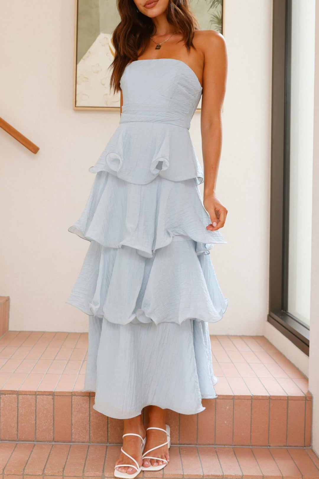 Strapless Sweet Chiffon Tiered Dress Yellow · M