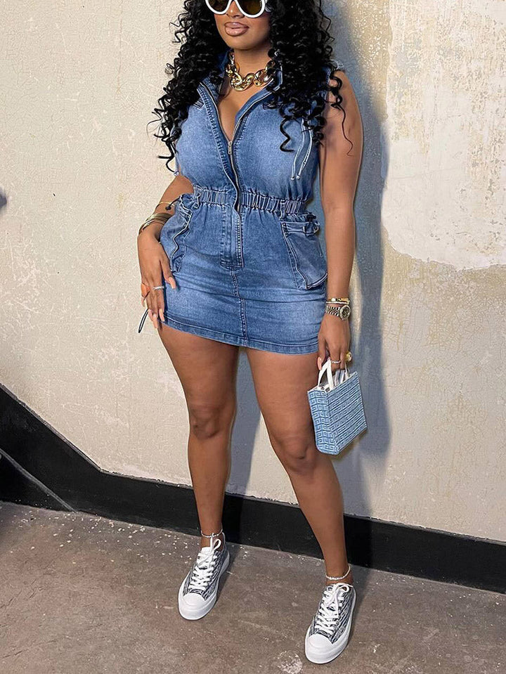 Denim Drawstring Sleeveless Dress Blue / S