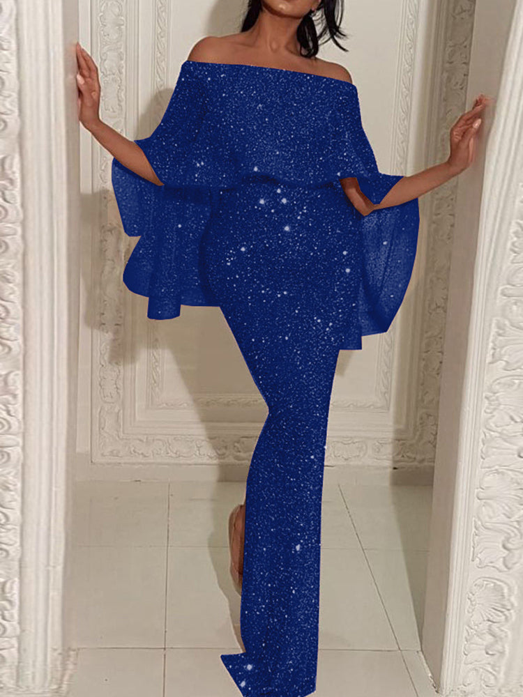 Off Shoulder Sequin Maxi Dress Silver / 3XL