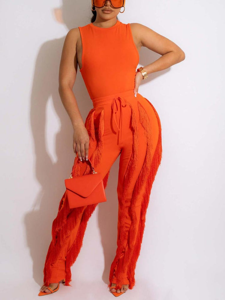 Sleeveless Top Tassel Pants Set Rose / L