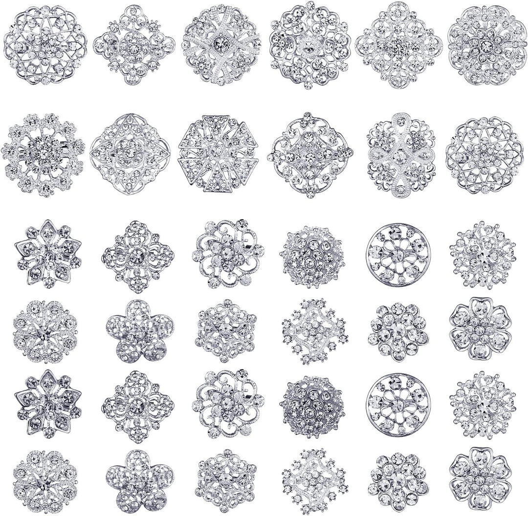 Aethers & Co A1 36 Pieces Clear Rhinestone Brooches for Crafts Crystal Flower Brooch Pins with Rhinestones Sliver Bulk Brooches Jewelry for Woman Flower Lapel Badge Pins DIY Wedding Bouquet Broaches Kit