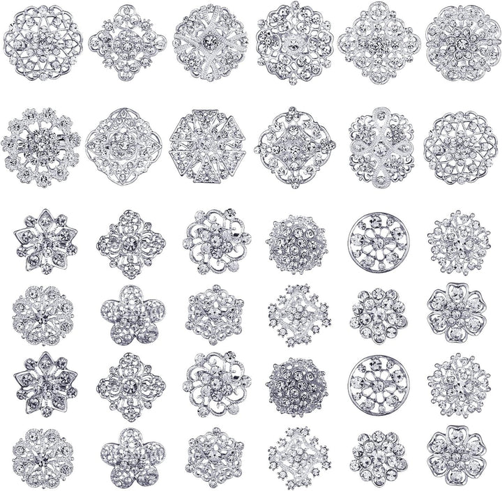 Aethers & Co A1 36 Pieces Clear Rhinestone Brooches for Crafts Crystal Flower Brooch Pins with Rhinestones Sliver Bulk Brooches Jewelry for Woman Flower Lapel Badge Pins DIY Wedding Bouquet Broaches Kit
