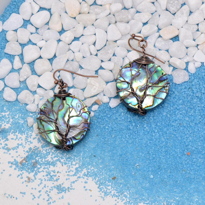 Aethers & Co A5 Handmade Teardrop Abalone Shell Dangle Earrings for Women, Wire Craft Tree of Life Earrings