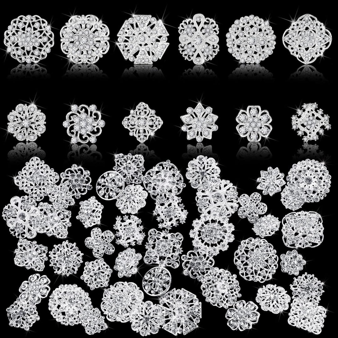 Aethers & Co A1 36 Pieces Clear Rhinestone Brooches for Crafts Crystal Flower Brooch Pins with Rhinestones Sliver Bulk Brooches Jewelry for Woman Flower Lapel Badge Pins DIY Wedding Bouquet Broaches Kit