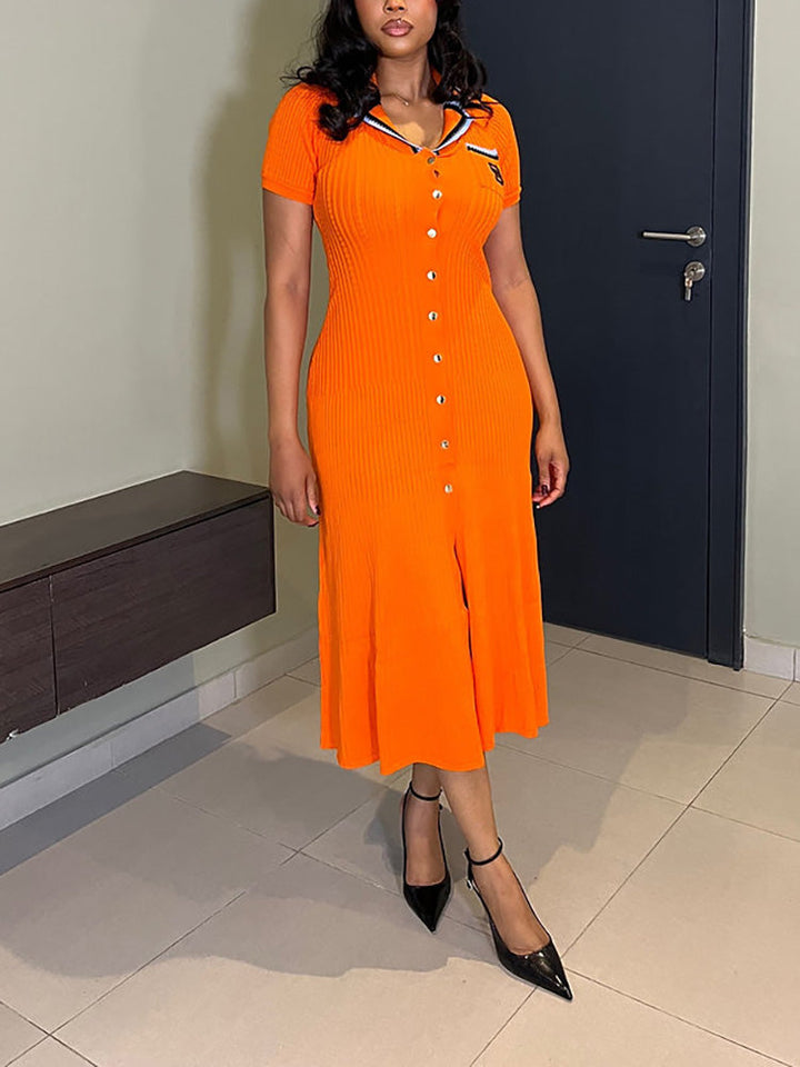 Knit Letter Embroidery Midi Dress Orange / XL