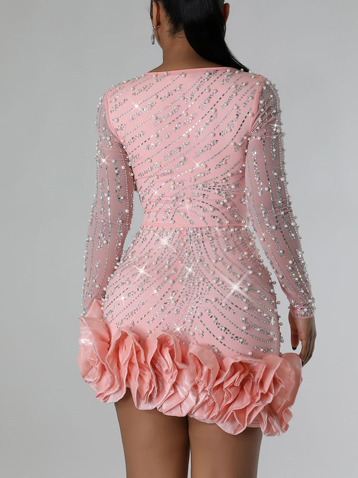 Rhinestone Pearl Ruffle Dress *Black / M