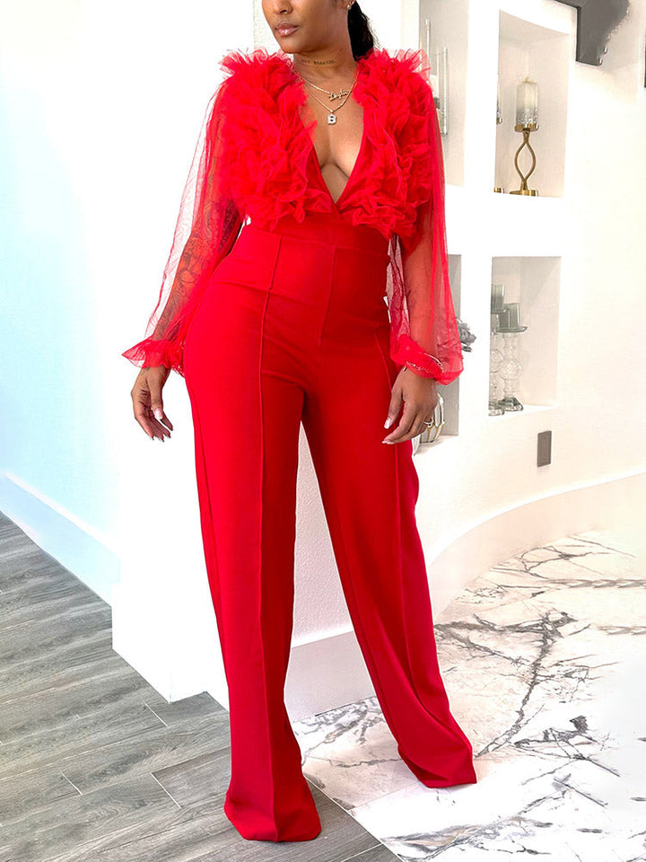 Mesh V Neck Jumpsuit Red / 2XL