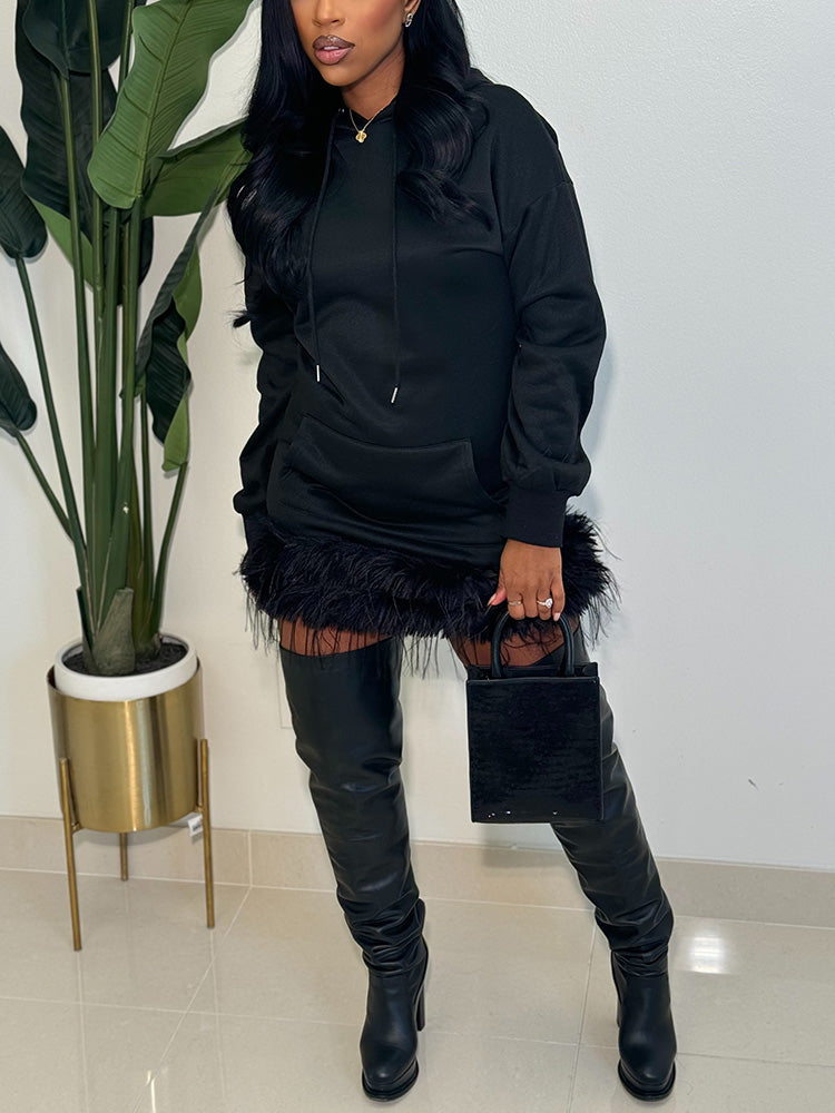 Feather-Trim Hoodie Dress Black / XL