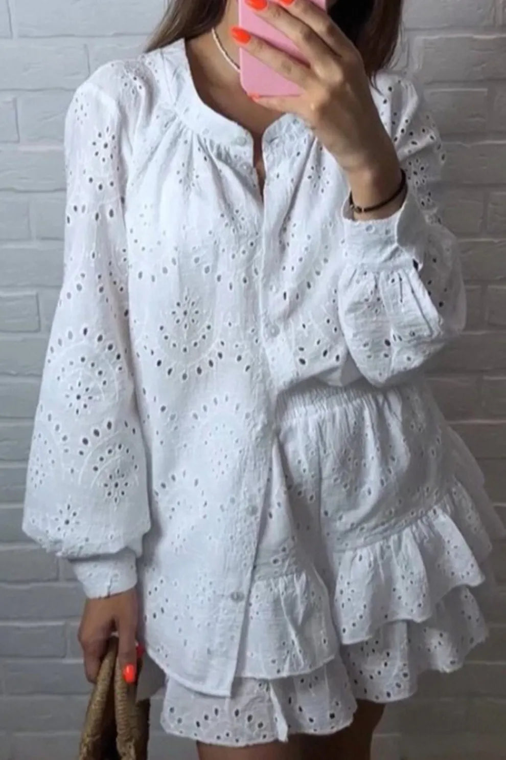 Hollow-out Jacquard Blouse Tiered Shorts Set