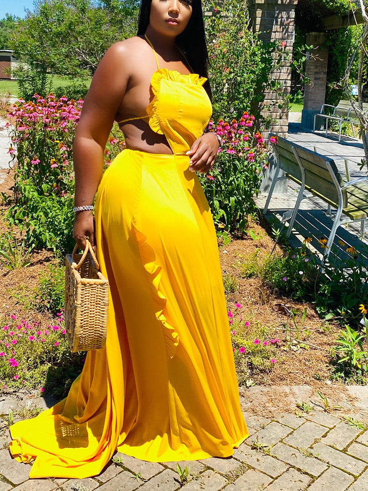 Ruffle Halter Backless Maxi Dress Green / S