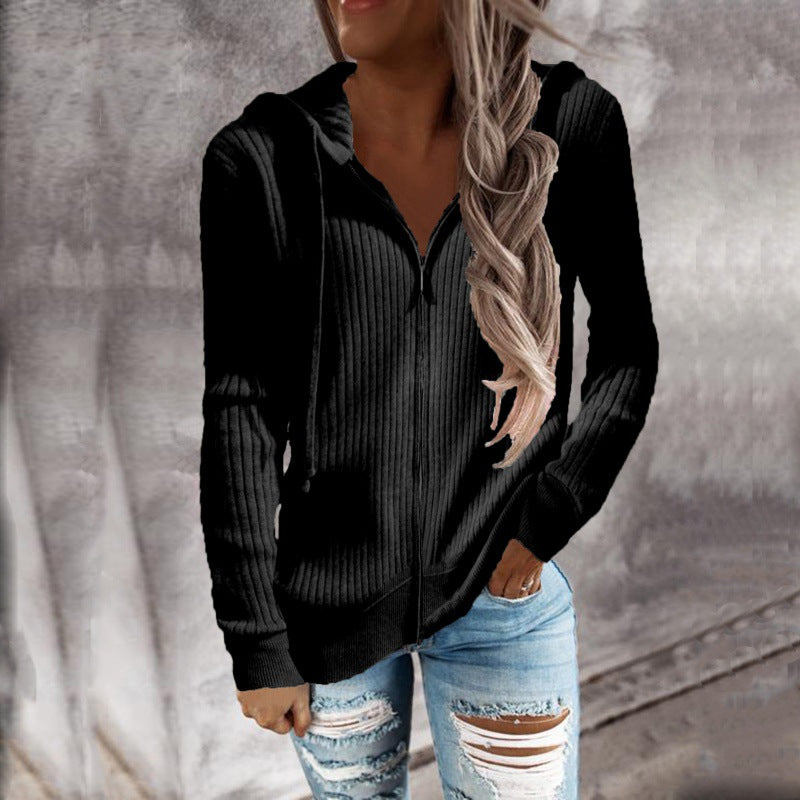 Loose Striped Casual Zipper Hooded Sweatshirt