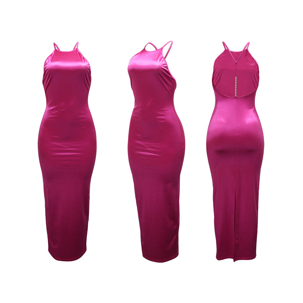 Fashion Slim Hanging Neck Solid Color Dresses