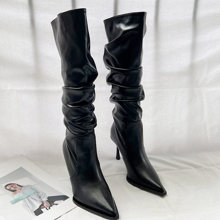 Pointed-Toe Pleated Knee-High Boots
