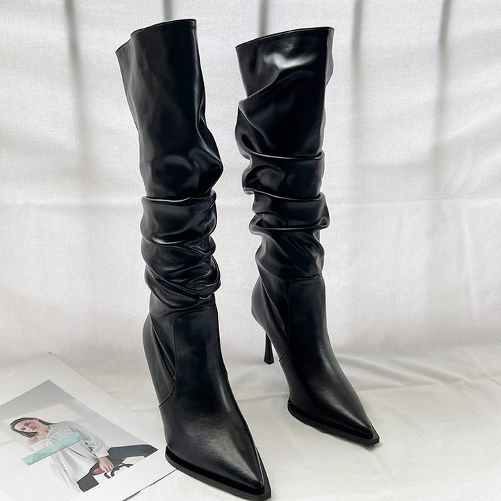 Pointed-Toe Pleated Knee-High Boots