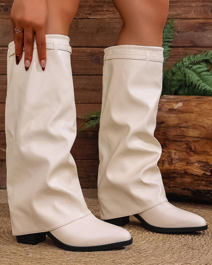 Pointed Toe Pleated Chunky Heel Boots