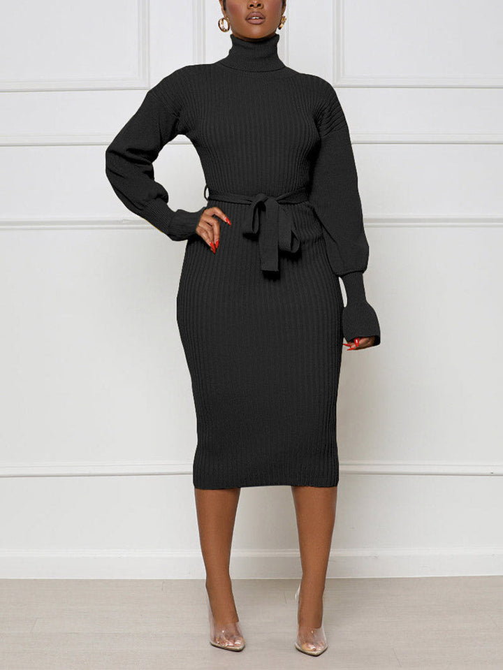 Turtleneck Knit Tie Waist Dress Yellow / XL