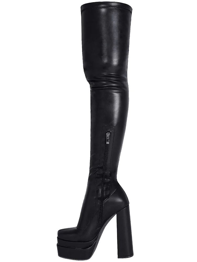 PU Platform Heel Thigh High Boots