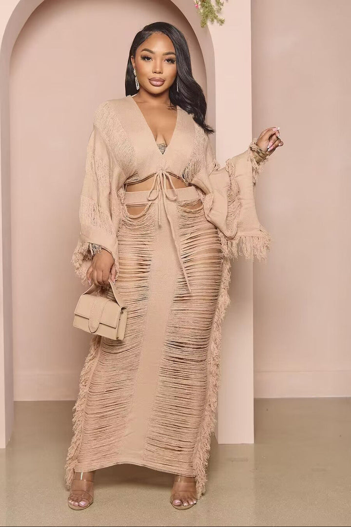 Casual Knit Tie-Front Long-Sleeve Dress Set
