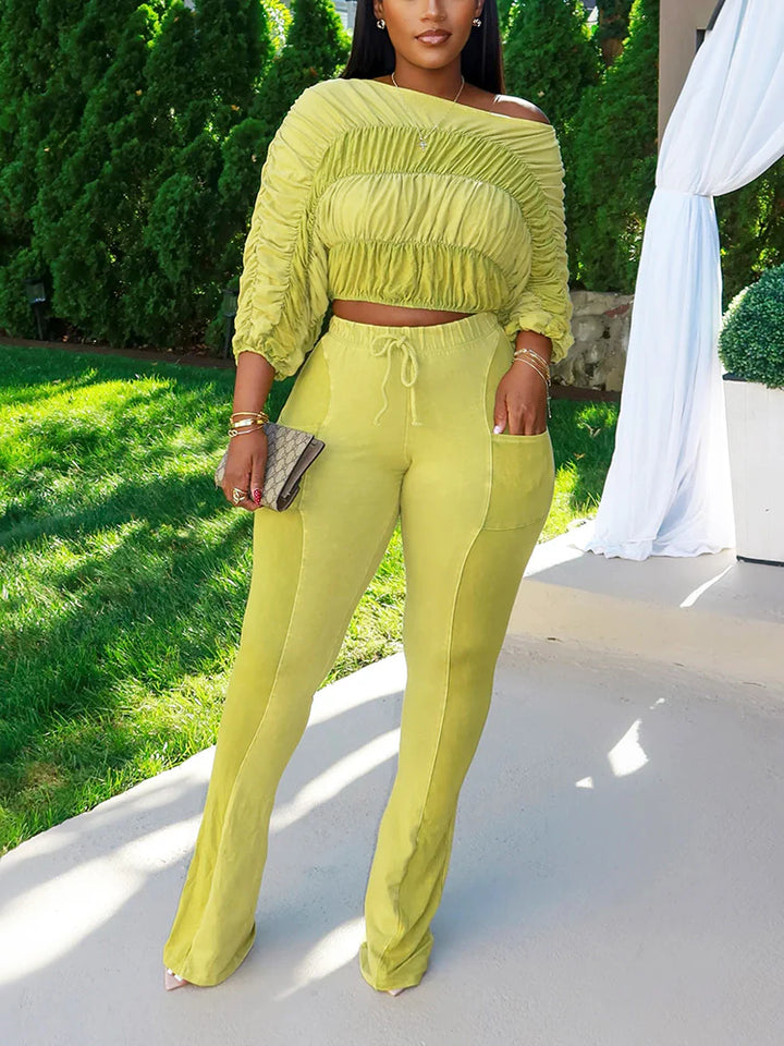 Washed Ruched Top & Flared Pants Set
