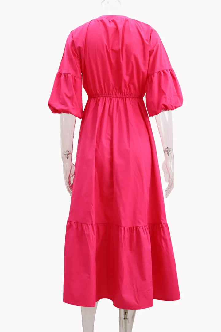 Half Sleeve V Neck High Waist Midi Dress