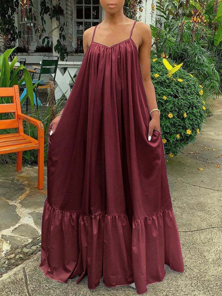 Spaghetti Strap Ruffle Maxi Dress Black / L