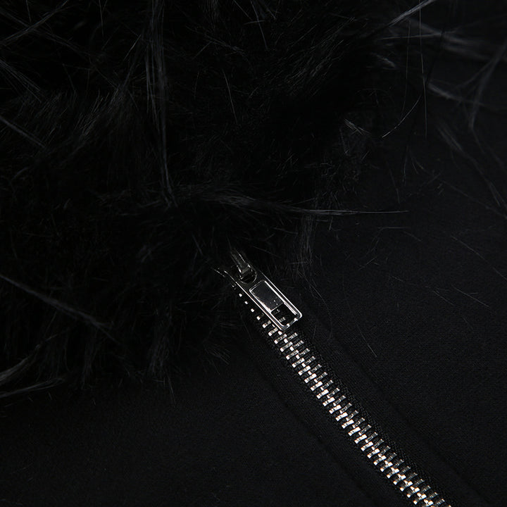 Zipper Split Print Plush Hoodie Black