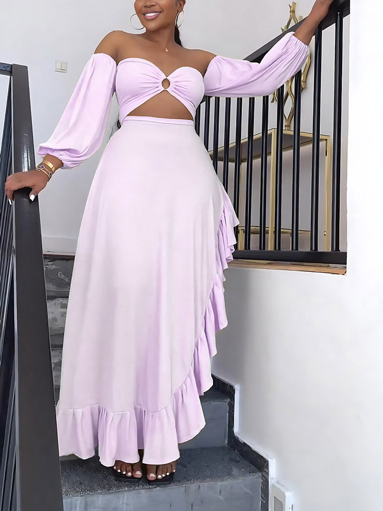 Asymmetrical Ruffle Slit Dress Khaki / XL