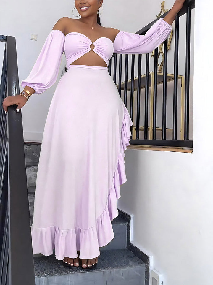 Asymmetrical Ruffle Slit Dress Khaki / XL