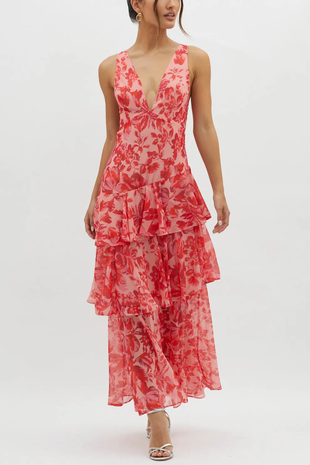 Floral Print Tie up Back Chiffon Tiered Dress