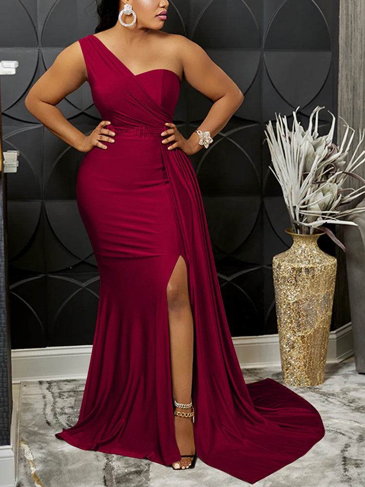 One Shoulder Solid Color Party Dress Burgundy / S