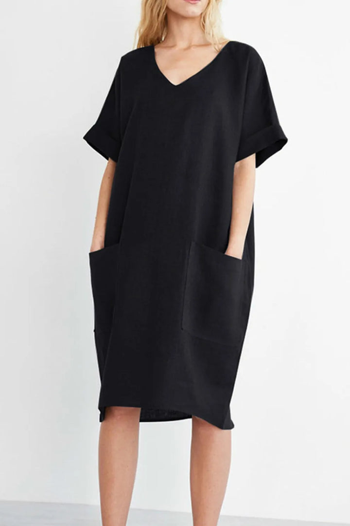 V Neck Short Sleeve Pocketed Cotton Dress