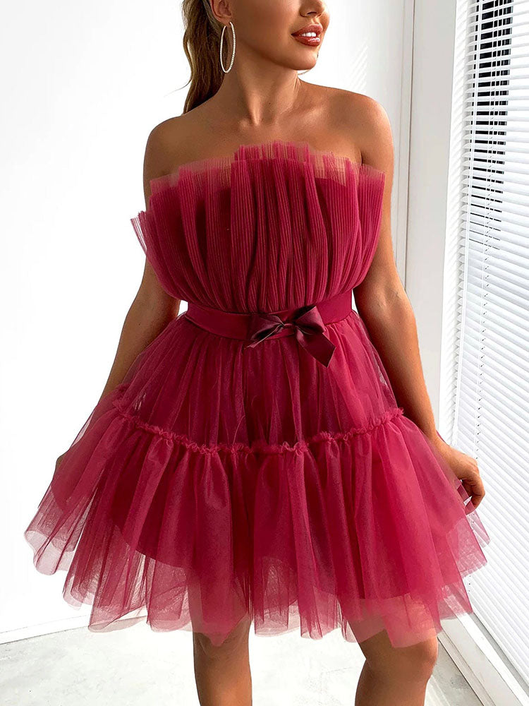 Bow Decor Layered Tulle Cocktail Dress Red / S