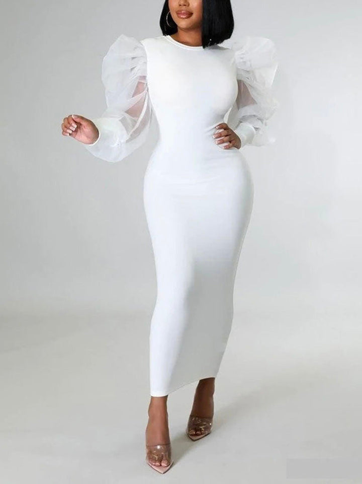Elegant Puff Sleeve Maxi Dresses White / S