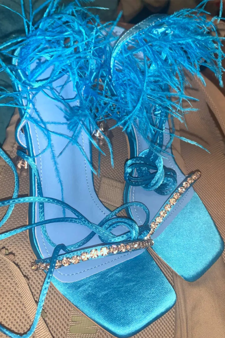 Rhinestone Feather Tie-up Square Toe Sandals