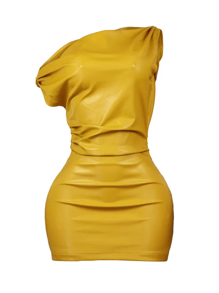 One Shoulder Leather Mini Dress