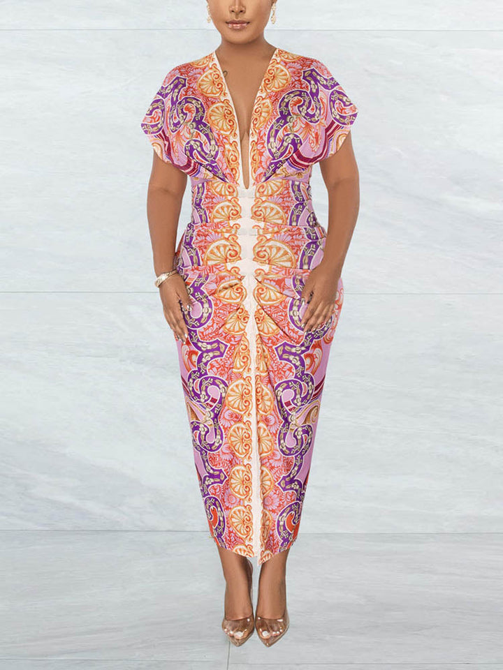Print Ruched Slit Vacation Dress Pink / S