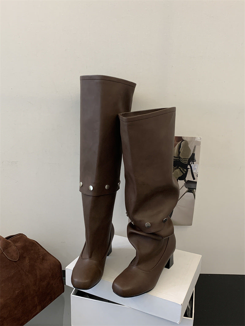 Riveted Detachable Round-Toe Long Boots