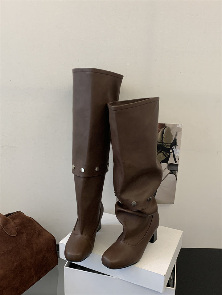 Riveted Detachable Round-Toe Long Boots