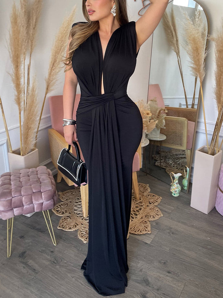 Elegant Plunge Draped Maxi Dress Yellow / XL