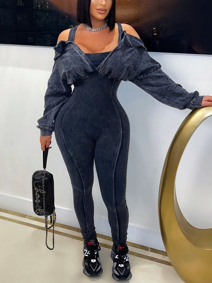 Washed Cold Shoulder Jumpsuit