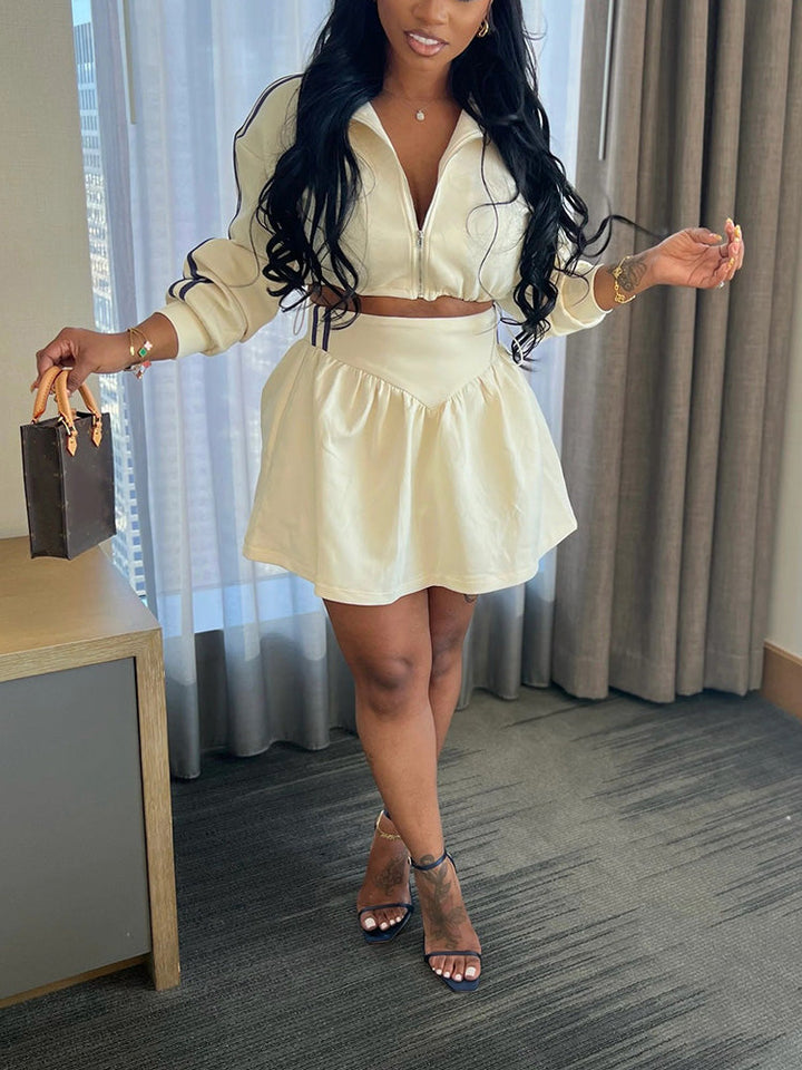 Zip Crop Top & Skirt Set Beige* / S