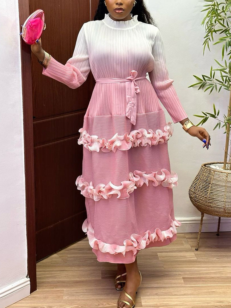 Ombre Ruffle Pleated Dress Orange / One size