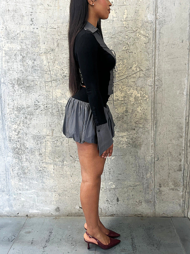 Lace-Up Top & Bubble Skort Set Gray* / XL